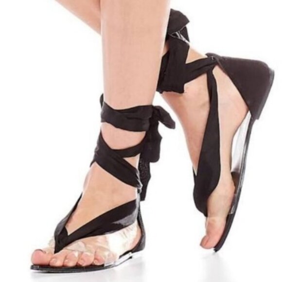 FREE PEOPLE $80 Black Barcelona Tie Sandals 38 Boho Suede Ankle Wrap Flat - Picture 1 of 8